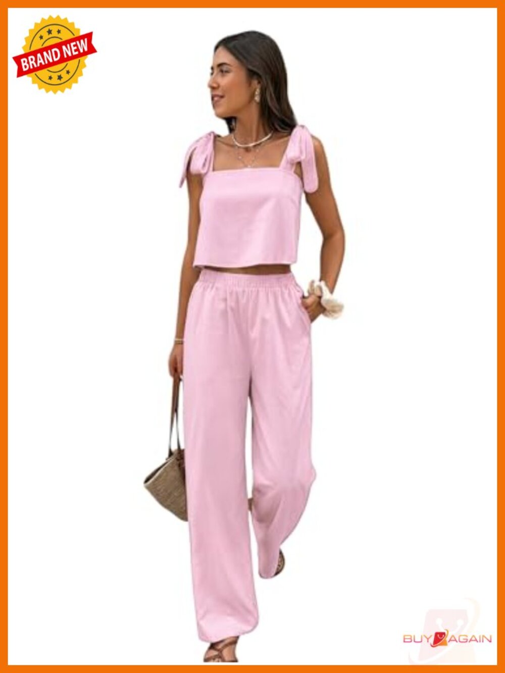 Women's 2 Piece Set Tie Shoulder Crop Top and Pants Travel Outfits - Picture 1 of 4